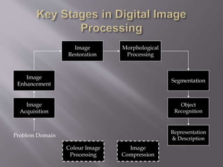 Image
Acquisition
Image
Restoration
Morphological
Processing
Segmentation
Representation
& Description
Image
Enhancement
Object
Recognition
Problem Domain
Colour Image
Processing
Image
Compression
 