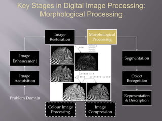 Key Stages in Digital Image Processing:
Morphological Processing
Image
Acquisition
Image
Restoration
Morphological
Processing
Segmentation
Representation
& Description
Image
Enhancement
Object
Recognition
Problem Domain
Colour Image
Processing
Image
Compression
 