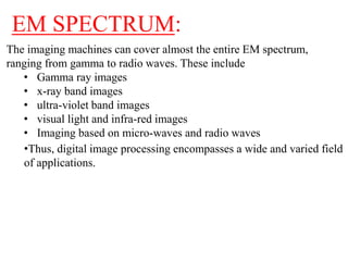 The imaging machines can cover almost the entire EM spectrum,
ranging from gamma to radio waves. These include
• Gamma ray images
• x-ray band images
• ultra-violet band images
• visual light and infra-red images
• Imaging based on micro-waves and radio waves
•Thus, digital image processing encompasses a wide and varied field
of applications.
EM SPECTRUM:
 