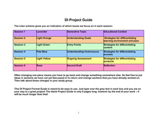 DI Project Guide
The color scheme gives you an indication of which boxes we focus on in each session:

Session 1          Lavender                   Generative Topic                 Educational Context

Session 2          Light Orange               Understanding Goals               Strategies for differentiating
                                                                               learning environment and pace
Session 3          Light Green                Entry Points                     Strategies for differentiating
                                                                               content
Session 4          Pale Blue                  Understanding Performances       Strategies for differentiating
                                                                               process
Session 5          Light Yellow               Ongoing Assessment               Strategies for differentiating
                                                                               products
Session 6          Rose                       Second Draft                     Reflection



Often changing one piece means you have to go back and change something somewhere else. So feel free to put
ideas in sections we have not yet discussed or to return and change sections that you have already worked on.
Then talk about those changes in your study group.


This DI Project Format Guide is meant to be easy to use. Just type over the grey text in each box and you are on
your way to a great project! The blank Project Guide is only 9 pages long, however by the end of your work – it
will be much longer than that!




                                                        1
 