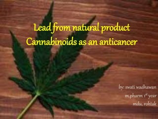 Lead from natural product
Cannabinoids as an anticancer
by: swati wadhawan
m.pharm 1st year
mdu, rohtak
 