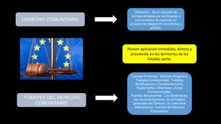 DERECHO COMUNITARIO
Definición: Es el conjunto de
normas dictadas por los bloques o
comunidades de naciones en
proceso de integración económica y
política.
FUENTES DEL DERECHO
COMUNITARIO
Fuentes Primarias: Derecho Originario,
Tratados fundacionales, Tratados
Modificativos y Complementarios,
Reglamentos, Directivas y Actos
Convencionales.
Fuentes Secundarias: Los Dictámenes,
las recomendaciones, los principios
generales del Derecho, la costumbre
internacional. Fuentes del Derecho
Comunitario.
Poseen aplicación inmediata, directa y
prevalente en los territorios de los
Estados parte.
 