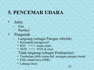 22
• Jenis
– Gas
– Partikel
• Pengaruh
– Langsung (sebagai Patogen Abiotik)
• Kerusakan jaringan/sel
• SO2 ===> hujan asam
• NOX ===> PAN & ozon
– Tidak langsung (sebagai Predisposisi)
• Tumbuhan lebih rentan thd. serangan patogen biotik
• Efek rumah kaca (ERK)
• Lubang Ozon
5. PENCEMAR UDARA
 