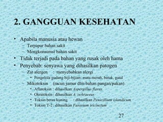 27
• Apabila manusia atau hewan
– Terpapar bahan sakit
– Mengkonsumsi bahan sakit
• Tidak terjadi pada bahan yang rusak oleh hama
• Penyebab: senyawa yang dihasilkan patogen
– Zat alergen : menyebabkan alergi
• Pengelola gudang biji-bijian: mata merah, batuk, gatal
– Mikotoksin (racun jamur dlm bahan pangan/pakan)
• Aflatoksin : dihasilkan Aspergillus flavus
• Okratoksin : dihasilkan A. ochraceus
• Toksin beras kuning : dihasilkan Penicillium islandicum
• Toksin T-2: dihasilkan Fusarium tricinctum
2. GANGGUAN KESEHATAN
 