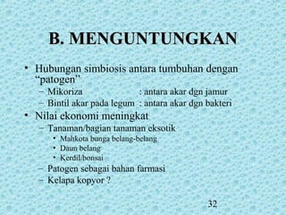 32
• Hubungan simbiosis antara tumbuhan dengan
“patogen”
– Mikoriza : antara akar dgn jamur
– Bintil akar pada legum : antara akar dgn bakteri
• Nilai ekonomi meningkat
– Tanaman/bagian tanaman eksotik
• Mahkota bunga belang-belang
• Daun belang
• Kerdil/bonsai
– Patogen sebagai bahan farmasi
– Kelapa kopyor ?
B. MENGUNTUNGKANB. MENGUNTUNGKAN
 