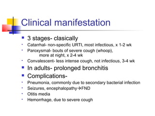 Clinical manifestation
 3 stages- clasically
 Catarrhal- non-specific URTI, most infectious, x 1-2 wk
 Paroxysmal- bouts of severe cough (whoop),
more at night, x 2-4 wk
 Convalescent- less intense cough, not infectious, 3-4 wk
 In adults- prolonged bronchitis
 Complications-
 Pneumonia, commonly due to secondary bacterial infection
 Seizures, encephalopathyFND
 Otitis media
 Hemorrhage, due to severe cough
 