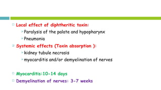  Local effect of diphtheritic toxin:
Paralysis of the palate and hypopharynx
Pneumonia
 Systemic effects (Toxin absorption ):
kidney tubule necrosis
myocarditis and/or demyelination of nerves
 Myocarditis:10-14 days
 Demyelination of nerves: 3-7 weeks
 