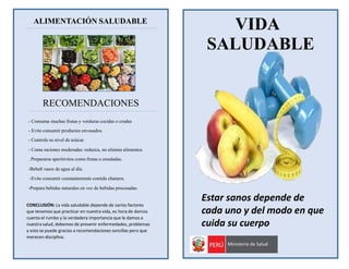 VIDA
SALUDABLE
ALIMENTACIÓN SALUDABLE
- Consuma muchas frutas y verduras cocidas o crudas
- Evite consumir productos envasados.
- Controle su nivel de azúcar.
- Coma raciones moderadas: reduzca, no elimine alimentos.
. Prepararse aperitivitos como frutas o ensaladas.
-Beba8 vasos de agua al día.
-Evite consumir constantemente comida chatarra.
-Prepare bebidas naturales en vez de bebidas procesadas.
RECOMENDACIONES
CONCLUSIÓN: La vida saludable depende de varios factores
que tenemos que practicar en nuestra vida, es hora de darnos
cuenta el rumbo y la verdadera importancia que le damos a
nuestra salud, debemos de prevenir enfermedades, problemas
y esto se puede gracias a recomendaciones sencillas pero que
merecen disciplina.
Estar sanos depende de
cada uno y del modo en que
cuida su cuerpo
 