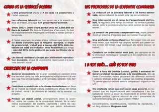 ‘
QUINA ES LA SITUACIO ACTUAL?                                          les propostes de la joventut comunista
    L’alta precarietat afecta a 7 de cada 10 assalariats a                La reducció de la jornada laboral a 35 hores setma-
    l’estat espanyol.                                                     nals, sense reducció de salari sota cap circumstància.

    Les reformes laborals no han servit per a la creació de               Una intervenció en el camp de l’organització del tre-
    llocs de treball, sinò que han precaritzat l’existent.                ball, la regulació dels temps de treball i la formació profes-
                                                                          sional, amb la prohibició efectiva amb control de les hores
    Entre 2007 i 2009 s’han perdut més de 2.000.000 de                    extres.
    llocs de treball. Els llocs de treball que s’han creat, ho han
    fet majoritàriament mitjançant contractes a temps parcial o           La creació de pensions compensatòries, fixant prèvia-
    temporals.                                                            ment un sistema d’ingresos que permeteixi finançar-les.

    A l’estat espanyol, les dades d’atur reflexen que tenim més           Una profunda reforma fiscal que faci pagar més als que
    del doble d’aturats que la mitjana europea, el triple                 més tenen, que reduïria les cargues socials que pesen so-
    de precarietat, treball per a menys del 50% dels ciu-                 bre el món del treball i que castiguen als salaris baixos i al
    tadans en edat de treballar, més flexibilitat que ningú               treball.
    i més del 20% de la població per sota del llindar de la
    pobresa.                                                              Construir un ordre social més just, per apropiar-se de
                                                                          la innovació tecnològica i plegar-la a les exigències de les
    Les dones realitzen la major part del treball reproduc-               persones.
    tiu i domèstic, el que té una enorme repercussió a la seva
    vida laboral i social.
                                                                                 ‘      ‘
                                                                      I A TOT AIXO... QUE ES POT FER?
OBJECTIUS DE LA CAMPANYA
                                                                          Crear a tots els àmbits (social, polític i sobretot la-
    Generar consciència de la gran contradicció existent entre            boral) el debat necessari per a la movilització. Des de
    una societat cada cop més avançada tecnològicament i al ma-           Joves Comunistes estem preparant als diferents territoris
    teix cop més precaritzada i amb jornades laborals més llar-           i centres d’estudi actes per explicar les nostres propostes.
    gues.                                                                 Tú també pots col·laborar amb la campanya i organitzar-ne
                                                                          un!
    Contribuir a mobilitzar a la classe treballadora en favor
    de la creació de treball i d’una redistribució eficaç del temps       Els sindicats tenen que convocar vaga general, és ne-
    de treball, social i de descans en benefici de la societat i el       cessari que les organitzacions dels treballadors i les tre-
    progrés.                                                              balladores tornin a posar la mobilització al primer lloc de
                                                                          l’agenda política. L’actual situació de crisi i precarietat és
    Produïr un debat social, principalment entre la joven-                suficientment greu per a que cridem: PROU!
    tut, sobre les causes de la precarietat laboral, de la natu-
    ralesa explotadora del sistema capitalista i sobre les cau-           Concentracions, manifestacions, recollida de signatures, i
    ses i conseqüències de la crisi que patim actualment.                 un llarg etcétera. Moguem-nos!
 