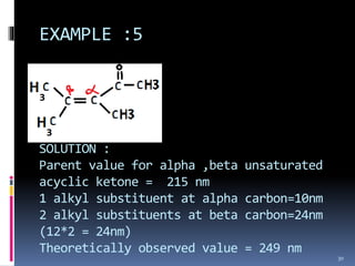 EXAMPLE :5
SOLUTION :
Parent value for alpha ,beta unsaturated
acyclic ketone = 215 nm
1 alkyl substituent at alpha carbon=10nm
2 alkyl substituents at beta carbon=24nm
(12*2 = 24nm)
Theoretically observed value = 249 nm
30
 