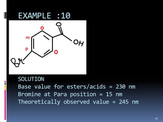 EXAMPLE :10
SOLUTION
Base value for esters/acids = 230 nm
Bromine at Para position = 15 nm
Theoretically observed value = 245 nm
36
 