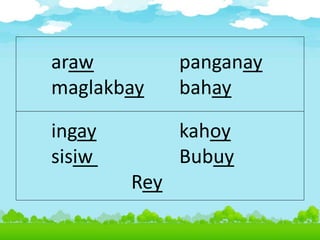 araw panganay
maglakbay bahay
ingay kahoy
sisiw Bubuy
Rey
 