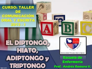 CURSO: TALLER
DE
COMUNICACIÓN
ORAL Y ESCRITA
2013 - I

Escuela de
Enfermería
Prof. Andrés Romero V.

 