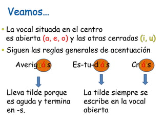 Averig á s Es-tu-d á s Cr á s
Siguen las reglas generales de acentuación
Lleva tilde porque
es aguda y termina
en -s.
La tilde siempre se
escribe en la vocal
abierta
La vocal situada en el centro
es abierta (a, e, o) y las otras cerradas