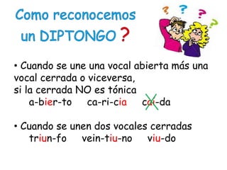 • Cuando se une una vocal abierta más una
vocal cerrada o viceversa,
si la cerrada NO es tónica
a-bier-to ca-ri-cia caí-da
• Cuando se unen dos vocales cerradas
triun-fo vein-tiu-no viu-do