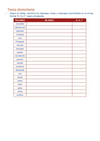 Tarea domiciliaria
* Separa en sílabas, identifica los diptongos, hiatos y triptongos encerrándolos en un círculo.
Escribe "D, H o T", según corresponda.
 