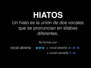 HIATOS
Un hiato es la unión de dos vocales
que se pronuncian en sílabas
diferentes.
Se forman por :
vocal abierta a-e-o + vocal abierta: a - e - o
+ vocal cerrada: i - u
 