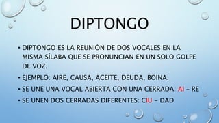 DIPTONGO
• DIPTONGO ES LA REUNIÓN DE DOS VOCALES EN LA
MISMA SÍLABA QUE SE PRONUNCIAN EN UN SOLO GOLPE
DE VOZ.
• EJEMPLO: AIRE, CAUSA, ACEITE, DEUDA, BOINA.
• SE UNE UNA VOCAL ABIERTA CON UNA CERRADA: AI – RE
• SE UNEN DOS CERRADAS DIFERENTES: CIU - DAD
 