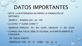 DATOS IMPORTANTES
• NOTA: LA H INTERMEDIA NO IMPIDE LA FORMACIÓN DE
DIPTONGO.
EJEMPLO : AHIJADO AHI – JA – DO
• LA LETRA “Y” SUENA COMO “I”
EJEMPLOS: PARGUAY PA - RA – GUAY, URUGUAY U – RU – GUAY
• CUANDO UNA VOCAL DÉBIL ES TILDADA, AUTOMÁTICAMENTE SE
CONVIERTE
EN “VOCAL FUERTE”.
EJEMPOLOS: PAÍS PA – ÍS HABÍA HA – BÍ - A
 