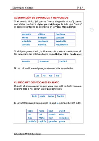 Diptongos e hiatos                                                    5º EP


 ACENTUACIÓN DE DIPTONGOS Y TRIPTONGOS
 Si el acento tónico (el que se “marca cargando la voz”) cae en
 una sílaba que forma diptongo o triptongo, la tilde (que “marca”
 el acento escrito) ha de escribirse en la vocal más abierta:
                                                                              3


           parabién            viático               huérfano
           miráis              huésped               vuélvase
           estudiáis           santiguáis            averiguáis
           asociéis            diócesis              moviéndose

 Si el diptongo es ui o iu, la tilde se coloca sobre la última vocal.
 Se exceptúan las palabras llanas como fluido, reina, huida, etc.:


           cuídese                arruínelo                sustituí

 No se coloca tilde en diptongos de monosílabos verbales:


                            Dio       fui     fue    Vio

 CUANDO HAY DOS VOCALES EN HIATO
 Cuando el acento recae en una vocal que está en hiato con otra,
 se pone tilde o no, según las reglas generales:


                       Peón       poeta     teatro       Poético

 Si la vocal tónica en hiato es una i o una u, siempre llevará tilde:


                  vacío         hacía         baúl         ataúd
                  raíz          reír          tranvía      caída
                  maíz          María         freír        veníamos
                  continúo      capicúa       ganarías     garúa




 Colegio Santa Mª de la Expectación
 