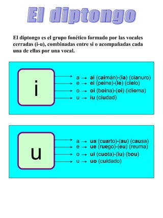 El diptongo El diptongo es el grupo fonético formado por las vocales cerradas (i-u), combinadas entre si o acompañadas cada una de ellas por una vocal. i a  ai  (c ai mán)-( ia ) (c ia nuro)  e  ei  (p ei ne)-( ie ) (c ie lo) o  oi  (b oi na)-( oi ) (id io ma) u  iu  (c iu dad) u a  ua  (c ua rto)-( au ) (c au sa) e  ue  (r ue go)-( eu ) (reuma) o  ui  (c uo ta)-( iu ) (b ou ) u  uo  (c ui dado) 