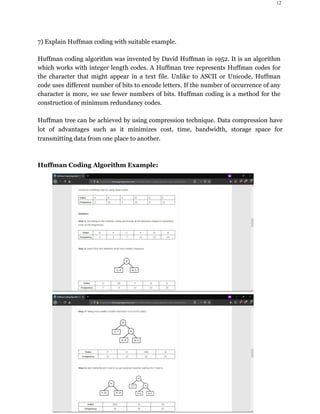 12
7) Explain Huffman coding with suitable example.
Huffman coding algorithm was invented by David Huffman in 1952. It is an algorithm
which works with integer length codes. A Huffman tree represents Huffman codes for
the character that might appear in a text file. Unlike to ASCII or Unicode, Huffman
code uses different number of bits to encode letters. If the number of occurrence of any
character is more, we use fewer numbers of bits. Huffman coding is a method for the
construction of minimum redundancy codes.
Huffman tree can be achieved by using compression technique. Data compression have
lot of advantages such as it minimizes cost, time, bandwidth, storage space for
transmitting data from one place to another.
Huffman Coding Algorithm Example:
 