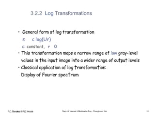 3.2.2 Log Transformations
• General form of log transformation
s c log(Ur)
c: constant, r 0
• This transformation maps o narrow range of low gray-level
values in †he inpu† image in†o a wider range of ou†pu† levels
• Classical application of log †ransforma†ion:
Display of Fourier spec†rum
R.C. Gonzalez 8 R.E.Woods Dep. of Internet & Mulùmedia Enq., Changhoon Yim 10
 