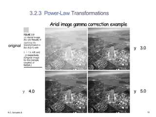 original
R.C. Gonzales &
3.2.3 Power-Law Transformations
FIGURE 3.9
(a) Aerial in›age
(h)—{rl) Results nf
transformationin
Ed. (ñ.2-1) with
t = 1.I›.4.ft.arid
.U,respectively.
(Original image
for this trample
couples}' uf
NASA.)
y 4.0
Arial image gamma correction example
y 3.0
y 5.0
16
 