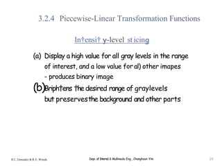 3.2.4 Piecewise-Linear Transformation Functions
In†ensi† -level st icin
(a) Display a high value for all gray levels in the range
of interest, and a low value for al) other imapes
- produces binary image
(b)Briph†ens †hedesired range of graylevels
but preservesthe background and other parts
R.C. Gonzalez &R E. Woods Depi. of Interne1 & Mullimedia Eng , Changhoon Yim 20
 