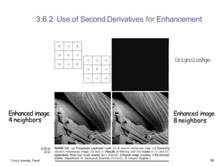 3.6.2 Use of Second Derivatives for Enhancement
Enhanced image
4 neighbors
Chaps Irceneity Traraf
ffia¥Bfi 3AI (a) Fnniposito Laplncian mask. {h) A secrmd comjx›site masL. (c) Scannirg
electron microscojx' imago. (d) and (e) Results of filtering with the masks in (a) and (h).
respectively. Nute hue' mudi sharper (e) is lhan(d). (Original imago courtesy of Mr.ldichael
Sfialfer. Deparlment of Geological Sciences, UniYersit¿ of Uregorr. Eugene.)
OrignolimAge
Enhanced image
8 neighbors
66
 
