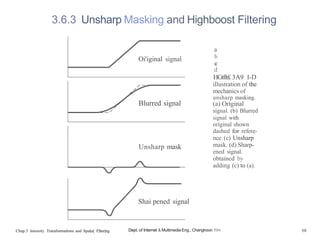 3.6.3 Unsharp Masking and Highboost Filtering
Chap.3 Intensity Traraformatlons and Spat|a| F|lter|ng
Oi'iginal signal
Blurred signal
Unsharp mask
Shai pened signal
a
b
d
HGtflt£ 3A9 I-D
illustration of the
mechanics of
unsharp masking.
(a) Original
signal. (b) Blurred
signal with
original shown
dashed for refere-
nce.(c) Unsharp
mask. (d) Sharp-
ened signal.
obtaincd by
adding (c) to (a).
Dept. of Internet & Multimedia Eng., Changhoon Yim 68
 