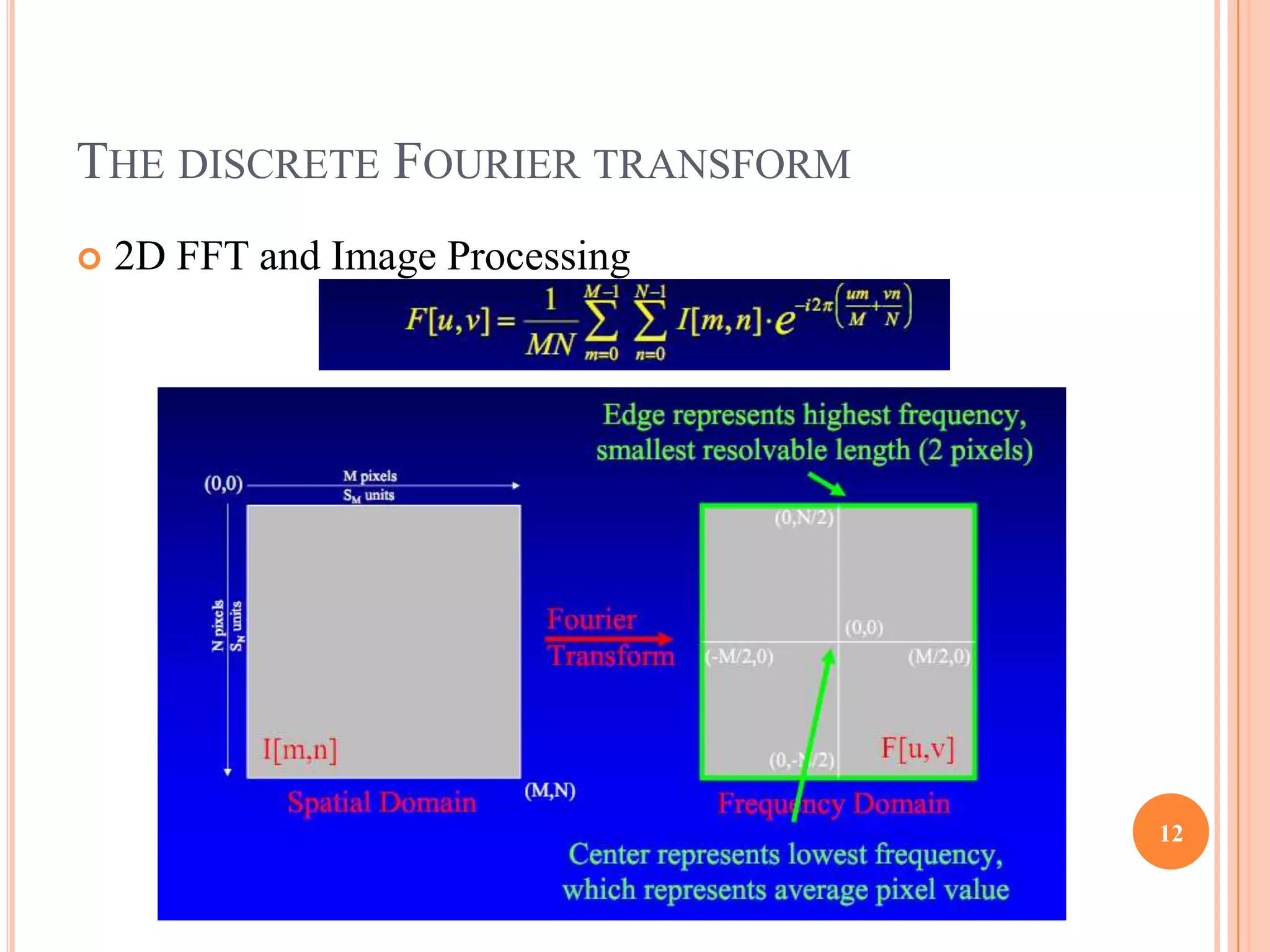 THE DISCRETE FOURIER TRANSFORM
   2D FFT and Image Processing




                                  12
 