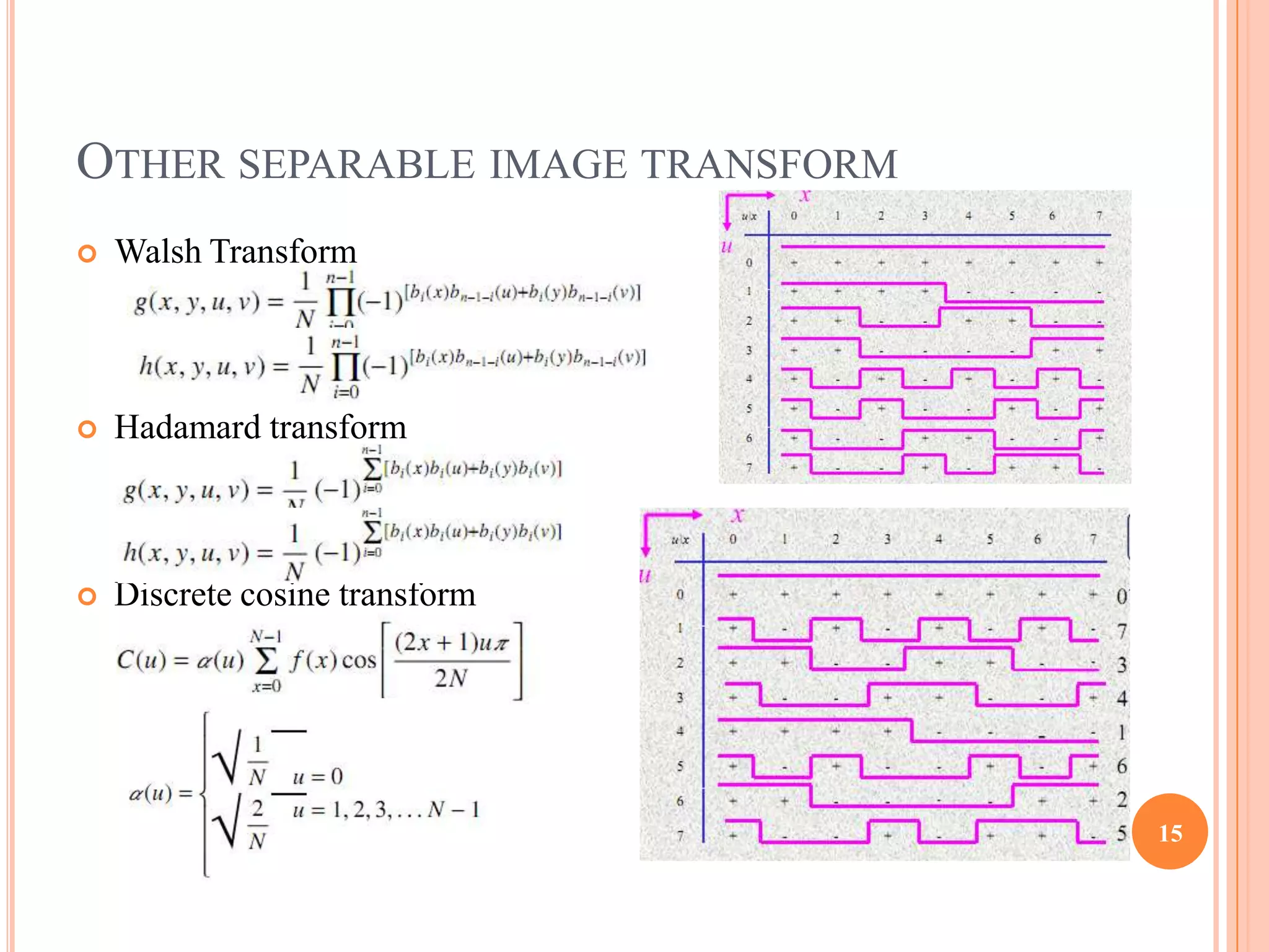 OTHER SEPARABLE IMAGE TRANSFORM
   Walsh Transform



   Hadamard transform



   Discrete cosine transform




                                  15
 