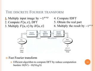 THE DISCRETE FOURIER TRANSFORM





   Fast Fourier transform
        Efficient algorithm to compute DFT by reduce computation   13
         burden: O(N2) – O(NlogN)
 