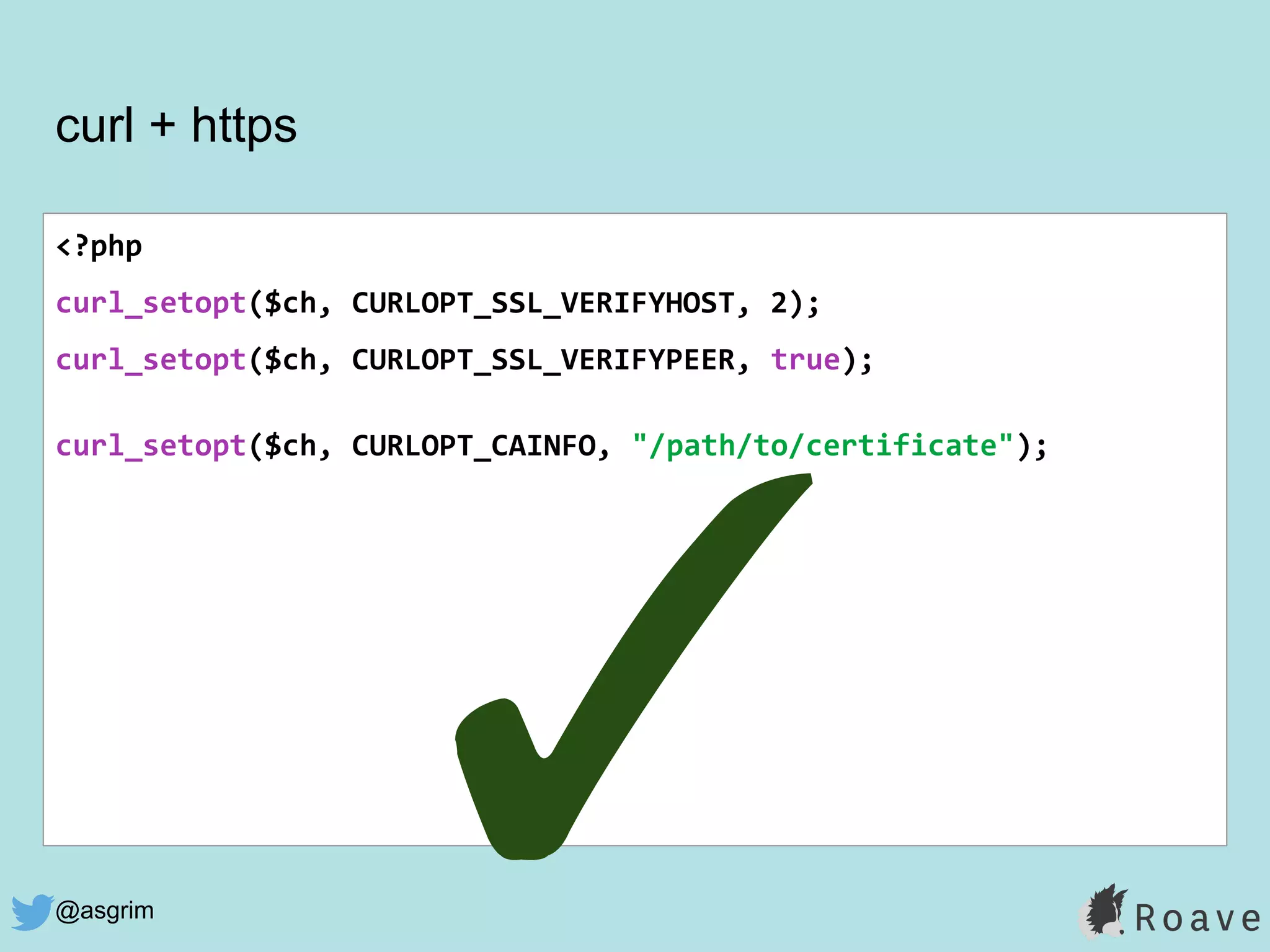 @asgrim
curl + https
<?php
curl_setopt($ch, CURLOPT_SSL_VERIFYHOST, 2);
curl_setopt($ch, CURLOPT_SSL_VERIFYPEER, true);
curl_setopt($ch, CURLOPT_CAINFO, "/path/to/certificate");
✓
 