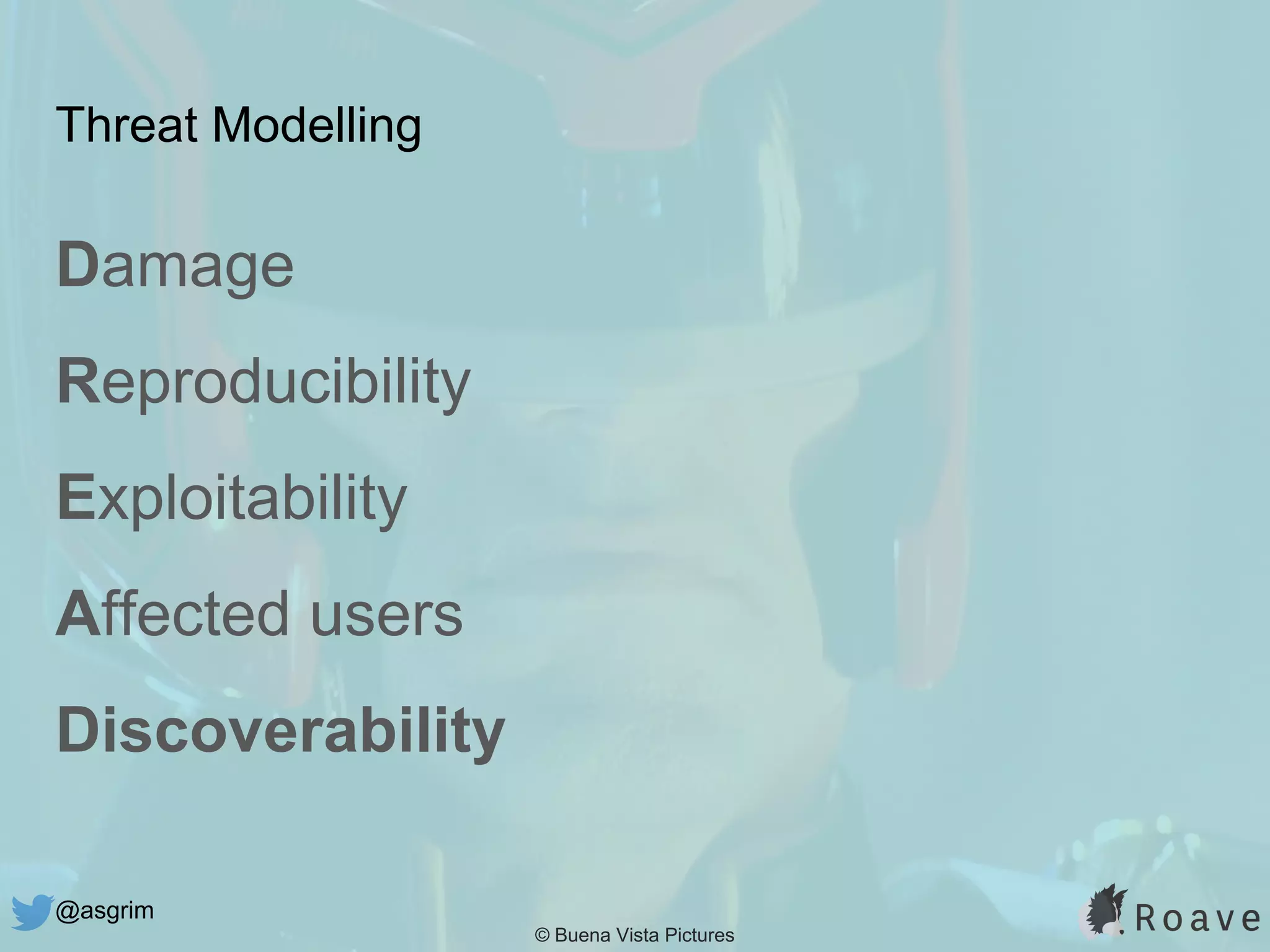 @asgrim
Threat Modelling
Damage
Reproducibility
Exploitability
Affected users
Discoverability
© Buena Vista Pictures
 
