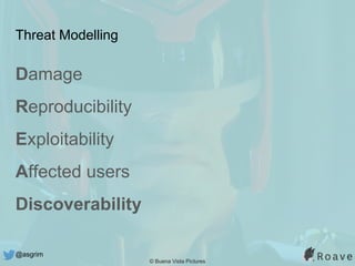 @asgrim
Threat Modelling
Damage
Reproducibility
Exploitability
Affected users
Discoverability
© Buena Vista Pictures
 