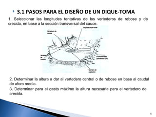 3.1 PASOS PARA EL DISEÑO DE UN DIQUE-TOMA 1. Seleccionar las longitudes tentativas de los vertederos de rebose y de crecida, en base a la sección transversal del cauce. 2. Determinar la altura a dar al vertedero central o de rebose en base al caudal de aforo medio. 3. Determinar para el gasto máximo la altura necesaria para el vertedero de crecida.  