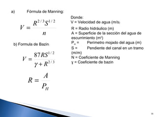 a) Fórmula de Manning: b) Formula de Bazin : Donde: V = Velocidad de agua (m/s )  R = Radio hidráulico (m) A = Superficie de la sección del agua de escurrimiento (m 2 )  P H  = Perímetro mojado del agua (m) S = Pendiente del canal en un tramo (m/m) N = Coeficiente de Manning ɣ = Coeficiente de bazin 