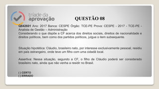 Q842601 Ano: 2017 Banca: CESPE Órgão: TCE-PE Prova: CESPE - 2017 - TCE-PE -
Analista de Gestão – Administração
Considerand...