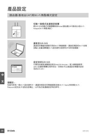 DIR-50530
中
文
產品設定
路由器/基地台(AP)和Wi-Fi熱點模式設定
連接至DIR-505
透過您的電腦來掃描可用的Wi-Fi無線網路。連接至預設的Wi-Fi名稱
並輸入金鑰(請閱讀Wi-Fi設定資料)或使用WPS來快速連線。
設定您的DIR-505
打開您的網頁瀏覽器並前往http://dlinkrouter。登入帳號請使用
admin並讓密碼欄位保持空白。您現在可以透過設定精靈來設定
您的DIR-505。
切換一個模式並連接該裝置
將DIR-505的模式切換開關移到Router(路由器)/AP(基地台)或Wi-Fi
Hotspot(Wi-Fi熱點)模式。
提醒您 :
包裝內附有一張Wi-Fi設定資料卡，建議您將設定的無線網路名稱(Wi-Fi Name)和密碼(Wi-Fi
Password)記在此卡並貼在設備上，以作為日後連線設定時的參考。
User Name xxxx
Password
Login
Router/AP
Reprater
Wi-Fi
Hot Spot
 