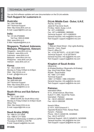 DIR-5058
ENGLISH
TECHNICAL SUPPORT
You can find software updates and user documentation on the D-Link website.
Tech Support for customers in
Australia:
Tel: 1300-766-868
24/7 Technical Support
Web: http://www.dlink.com.au
E-mail: support@dlink.com.au
India:
Tel: +91-22-27626600
	Toll Free 1800-22-8998
Web: www.dlink.co.in
E-Mail: helpdesk@dlink.co.in
Singapore, Thailand, Indonesia,
Malaysia, Philippines, Vietnam:
Singapore - www.dlink.com.sg
Thailand - www.dlink.co.th
Indonesia - www.dlink.co.id
Malaysia - www.dlink.com.my
Philippines - www.dlink.com.ph
Vietnam - www.dlink.com.vn
Korea:
Tel : +82-2-2028-1810
Monday to Friday 9:00am to 6:00pm
Web : http://d-link.co.kr
E-mail : g2b@d-link.co.kr
New Zealand:
Tel: 0800-900-900
24/7 Technical Support
Web: http://www.dlink.co.nz
E-mail: support@dlink.co.nz
South Africa and Sub Sahara
Region:
Tel: +27 12 661 2025
	 08600 DLINK (for South Africa only)
Monday to Friday 8:30am to 9:00pm South
Africa Time
Web: http://www.d-link.co.za
E-mail: support@d-link.co.za
Saudi Arabia (KSA):
Tel: +966 01 217 0008
Fax: +966 01 217 0009
Saturday to Wednesday 9.30AM to 6.30PM
Thursdays 9.30AM to 2.00 PM
E-mail: Support.sa@dlink-me.com
D-Link Middle East - Dubai, U.A.E.
Plot No. S31102,
Jebel Ali Free Zone South,
P.O.Box 18224, Dubai, U.A.E.
Tel: +971-4-8809022
Fax: +971-4-8809066 / 8809069
Technical Support: +971-4-8809033
General Inquiries: info.me@dlink-me.com
Tech Support: support.me@dlink-me.com
Egypt
1, Makram Ebeid Street - City Lights Building
Nasrcity - Cairo, Egypt
Floor 6, office C2
Tel.: +2 02 26718375 - +2 02 26717280
Technical Support: +2 02 26738470
General Inquiries: info.eg@dlink-me.com
Tech Support: support.eg@dlink-me.com
Kingdom of Saudi Arabia
Office # 84 ,
Al Khaleej Building ( Mujamathu Al-Khaleej)
Opp. King Fahd Road, Olaya
Riyadh - Saudi Arabia
Tel: +966 1 217 0008
Technical Support:
+966 1 2170009 / +966 2 6522951
General Inquiries: info.sa@dlink-me.com
Tech Support: support.sa@dlink-me.com
Pakistan
Islamabad Office:
61-A, Jinnah Avenue, Blue Area,
Suite # 11, EBC, Saudi Pak Tower,
Islamabad - Pakistan
Tel.: +92-51-2800397, 2800398
Fax: +92-51-2800399
Karachi Office:
D-147/1, KDA Scheme # 1,
Opposite Mudassir Park, Karsaz Road,
Karachi – Pakistan
Phone: +92-21-34548158, 34326649
Fax: +92-21-4375727
Technical Support: +92-21-34548310, 34305069
General Inquiries: info.pk@dlink-me.com
Tech Support: support.pk@dlink-me.com
 