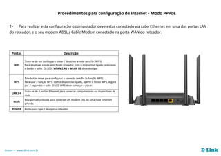 Acesse www.dlink.com.br
Procedimentos para configuração de Internet - Modo PPPoE
1- Para realizar esta configuração o computador deve estar conectado via cabo Ethernet em uma das portas LAN
do roteador, e o seu modem ADSL / Cable Modem conectado na porta WAN do roteador.
Portas Descrição
WIFI
Trata-se de um botão para ativar / desativar a rede sem fio (WIFI).
Para desativar a rede sem fio do roteador: com o dispositivo ligado, pressione
o botão e solte. Os LEDs WLAN 2.4G e WLAN 5G deve desligar.
WPS
Este botão serve para configurar a conexão sem fio (a função WPS).
Para usar a função WPS: com o dispositivo ligado, aperte o botão WPS, segure
por 2 segundos e solte. O LED WPS deve começar a piscar.
LAN 1-4
Trata-se de 4 portas Ethernet para conectar computadores ou dispositivos de
rede.
WAN
Esta porta é utilizada para conectar um modem DSL ou uma rede Ethernet
privada.
POWER Botão para ligar / desligar o roteador.
 