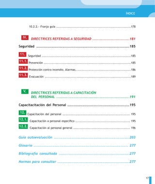 ÍNDICE



         10.2.2.- Franja guía .......................................................................178


   IV.    DIRECTRICES REFERIDAS A SEGURIDAD ..............................181

Seguridad ...........................................................................185

11. Seguridad .....................................................................................185

11.1. Prevención ...................................................................................185

11.2. Protección contra incendio. Alarmas.....................................................186

11.3. Evacuación ..................................................................................189



   V.     DIRECTRICES REFERIDAS A CAPACITACIÓN
          DEL PERSONAL ...........................................................191

Capacitacitación del Personal ..................................................195

12. Capacitación del personal ................................................................ 195

12.1. Capacitación a personal específico .................................................... 195

12.2. Capacitación al personal general ...................................................... 196


Guía autoevaluación .............................................................203

Glosario ............................................................................ 277

Bibliografía consultada .........................................................277

Normas para consultar ..........................................................277



                                                                                                           17
 