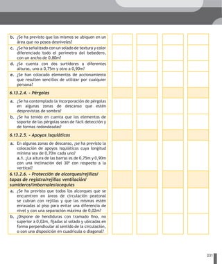 b. ¿Se ha previsto que los mismos se ubiquen en un
   área que no posea desniveles?
c. ¿Se ha señalizado con un solado de textura y color
   diferenciado todo el perímetro del bebedero,
   con un ancho de 0,80m?
d. ¿Se cuenta con dos surtidores a diferentes
   alturas, uno a 0,75m y otro a 0,90m?
e. ¿Se han colocado elementos de accionamiento
   que resulten sencillos de utilizar por cualquier
   persona?

6.13.2.4. – Pérgolas
a. ¿Se ha contemplado la incorporación de pérgolas
   en algunas zonas de descanso que estén
   desprovistas de sombra?
b. ¿Se ha tenido en cuenta que los elementos de
   soporte de las pérgolas sean de fácil detección y
   de formas redondeadas?

6.13.2.5. – Apoyos isquiáticos
a. En algunas zonas de descanso, ¿se ha previsto la
   colocación de apoyos isquiáticos cuya longitud
   mínima sea de 0,70m cada uno?
   a.1. ¿La altura de las barras es de 0,75m y 0,90m
   con una inclinación del 30º con respecto a la
   vertical?
6.13.2.6. – Protección de alcorques/rejillas/
tapas de registro/rejillas ventilación/
sumideros/imbornales/acequias
a. ¿Se ha previsto que todos los alcorques que se
   encuentren en áreas de circulación peatonal
   se cubran con rejillas y que las mismas estén
   enrasadas al piso para evitar una diferencia de
   nivel y con una separación máxima de 0,02m?
b. ¿Dispone de hendiduras con tramado fino, no
   superior a 0,02m, fijadas al solado y ubicadas en
   forma perpendicular al sentido de la circulación,
   o con una disposición en cuadrícula o diagonal?




                                                        231
 