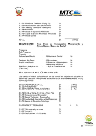 33
5.3.57 Servicio de Telefonía Móvil y Fija S/.
5.3.58 Otros Servicios de Comunicación S/.
5.3.66 Correos y Servicio de Mensajería S/.
5.3.68 Publicidad S/.
5.3.71 Gastos de Ejercicios Anteriores S/.
5.3.75 Seguro de Bienes Muebles e Inmuebles S/.
5.3.77 Otros Seguros S/.
______________
TOTAL S/. (100%)
SEGUNDO CASO: Para Obras de Construcción, Mejoramiento y
Rehabilitación (Gastos de Capital)
Programa :
Sub-Programa :
Proyecto :
Categoría del Gasto : 06 Gastos de Capital S/.
Genérica del Gasto : 05 Inversiones S/.
Analítico del Gasto : 01 Personal y Obligaciones S/.
03 Bienes y Servicios S/.
Modalidad de Aplicación : 11 Aplicaciones Directas S/.
(Ejecución)
ANÁLISIS DE LA EJECUCIÓN PRESUPUESTAL
Los rubros de mayor consideración en los costos del proyecto de acuerdo al
Estado de Ejecución Presupuestal acumulado al 31 de diciembre (Anexo Nº 04)
son los siguientes:
6.0.00 GASTOS DE CAPITAL S/.--------------- (100%)
6.5.00 INVERSIONES S/.---------------- (100%)
6.5.00 PERSONAL Y OBLIGACIONES S/.---------------- ( %)
6.5.10 Retrib. y Comp. Contrato a Plazo Fijo S/.
6.5.11 Obligaciones del Empleador S/.
6.5.13 Gastos Variables y Ocasionales S/.
6.5.18 Escolaridad, Aguinaldos y Gratificaciones S/.
6.5.71 Gastos de Ejercicios Anteriores S/.
6.5.00 BIENES Y SERVICIOS S/ ( %)
6.5.20 Viáticos y Asignaciones S/.
6.5.22 Vestuario S/.
6.5.23 Combustibles y Lubricantes S/.
 