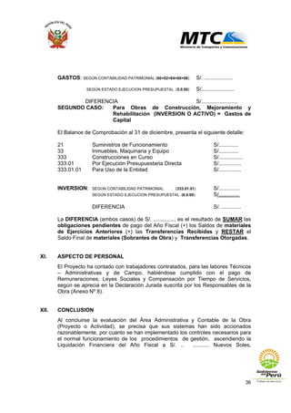 36
GASTOS: SEGÚN CONTABILIDAD PATRIMONIAL (60+62+64+66+68) S/. ...................
SEGÚN ESTADO EJECUCION PRESUPUESTAL (5.0.00) S/......................
DIFERENCIA S/........................
SEGUNDO CASO: Para Obras de Construcción, Mejoramiento y
Rehabilitación (INVERSION O ACTIVO) = Gastos de
Capital
El Balance de Comprobación al 31 de diciembre, presenta el siguiente detalle:
21 Suministros de Funcionamiento S/.............
33 Inmuebles, Maquinaria y Equipo S/.............
333 Construcciones en Curso S/................
333.01 Por Ejecución Presupuestaria Directa S/...............
333.01.01 Para Uso de la Entidad S/...............
INVERSION: SEGÚN CONTABILIDAD PATRIMONIAL (333.01.01) S/..............
SEGÚN ESTADO EJECUCION PRESUPUESTAL (6.0.00) S/..............
DIFERENCIA S/. .............
La DIFERENCIA (ambos casos) de S/. .............., es el resultado de SUMAR las
obligaciones pendientes de pago del Año Fiscal (+) los Saldos de materiales
de Ejercicios Anteriores (+) las Transferencias Recibidas y RESTAR el
Saldo Final de materiales (Sobrantes de Obra) y Transferencias Otorgadas.
XI. ASPECTO DE PERSONAL
El Proyecto ha contado con trabajadores contratados, para las labores Técnicos
– Administrativas y de Campo, habiéndose cumplido con el pago de
Remuneraciones, Leyes Sociales y Compensación por Tiempo de Servicios,
según se aprecia en la Declaración Jurada suscrita por los Responsables de la
Obra (Anexo Nº 8).
XII. CONCLUSION
Al concluirse la evaluación del Área Administrativa y Contable de la Obra
(Proyecto o Actividad), se precisa que sus sistemas han sido accionados
razonablemente, por cuanto se han implementado los controles necesarios para
el normal funcionamiento de los procedimientos de gestión, ascendiendo la
Liquidación Financiera del Año Fiscal a S/. .. ........... Nuevos Soles,
 