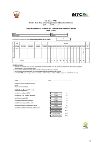 OBRA RUC
DIRECCION Teléfono
Liquidación correspondiente a (colocar según Detalle de los Casos) *
DNI AÑO 200...
(SUNAT) APELLIDO APELLIDO PRIMER SEGUNDO FECHA
N° CUISPP PATERNO MATERNO NOMBRE NOMBRE ENE. FEB. MAR. ABR. MAY. JUN. JUL. AGO. SEP. OCT. NOV. DIC. TOTAL DE
(AFP) CESE
1 X
2 X
. X
. .
. .
n .
TOTAL X X X X X X X X X X X X XX
OBSERVACIONES
1 El monto a consignar en la columna de cada mes corresponde a la suma de aportes y/o retenciones efectuados y pagados
según planilla y componentes de pago
2 En la columna de Movimiento de Personal indicar fecha del último cese del año.
3 La información a consignarse es un Formato para cada caso señalado en el Anexo 8.
4 Suma total X X debe ser igual al total del ítem que señala el Anexo 8 (Caso AFP será la suma de los 4 sub anexos)
Firma ........................................................ Fecha ........................................................
Nombre Completo del Representante
Cargo
Documento de Identidad
Detalle de los Casos (Referencial)
Los Aportes de Salud (CEM) * 8.1
Los Aportes a los Trabajos de Riesgo * 8.2
Las Retenciones del IES * 8.3
Las Retenciones para Pensiones * 8.4
Las Retenciones para Salud -Vida * 8.5
Las Retenciones de Impuesto a la Renta * 8.6
Los Afiliados al Sistema Privado de Pensiones * 8.7.1
* 8.7.2
* 8.7.3
* 8.7.4
(km ....... Al Km..........)
Sub Anexo N° 8.1
Nombre de la Obra, tal como aparece en el Expediente Técnico
SUNAT
SUNAT
LIQUIDACION ANUAL DE APORTES Y RETENCIONES PREVISIONALES
(Ley N° 27605)
SUNAT
SUNAT
SUNAT
SUNAT
AFP-UNION VIDA
AFP-INTEGRA
AFP-HORIZONTE
AFP-PROFUTURO
53
 