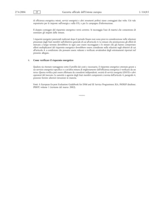 27.4.2006           IT                            Gazzetta ufficiale dell’Unione europea                                                 L 114/83


                 di efficienza energetica mirati, servizi energetici e altri strumenti politici siano conteggiati due volte. Ciò vale
                 soprattutto per le imposte sull'energia e sulla CO2 e per le campagne d'informazione.

                 Il doppio conteggio del risparmio energetico verrà corretto. Si incoraggia l'uso di matrici che consentono di
                 sommare gli impatti delle misure.

                 I risparmi energetici potenziali realizzati dopo il periodo fissato non sono presi in considerazione nelle relazioni
                 presentate dagli Stati membri sull'obiettivo generale di cui all'articolo 4. Le misure che promuovono gli effetti di
                 mercato a lungo termine dovrebbero in ogni caso essere incoraggiate e le misure che già hanno comportato
                 effetti moltiplicatori del risparmio energetico dovrebbero essere considerate nelle relazioni sugli obiettivi di cui
                 all'articolo 4, a condizione che possano essere valutate e verificate avvalendosi degli orientamenti riportati nel
                 presente allegato.


            6.   Come verificare il risparmio energetico

                 Qualora sia ritenuto vantaggioso sotto il profilo dei costi e necessario, il risparmio energetico ottenuto grazie a
                 un servizio energetico specifico o a un'altra misura di miglioramento dell'efficienza energetica è verificato da un
                 terzo. Questa verifica può essere effettuata da consulenti indipendenti, società di servizi energetici (ESCO) o altri
                 operatori del mercato. Le autorità o agenzie degli Stati membri competenti a norma dell'articolo 4, paragrafo 4,
                 possono fornire ulteriori istruzioni in materia.

                 Fonti: A European Ex‑post Evaluation Guidebook for DSM and EE Service Programmes; IEA, INDEEP database;
                 IPMVP, volume 1 (versione del marzo 2002).
 