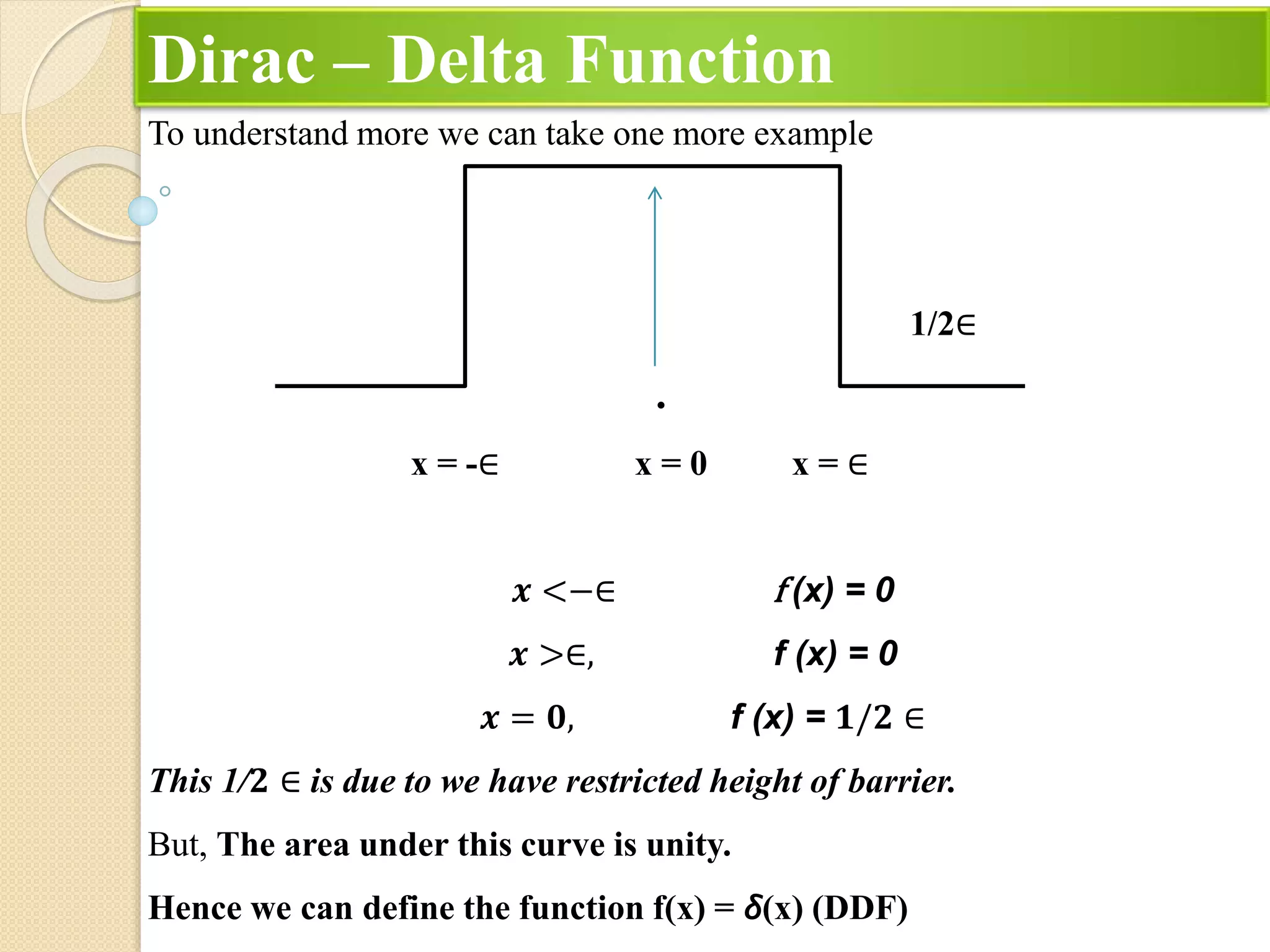 Dirac – Delta Function
To understand more we can take one more example
1/2∈
.
x = -∈ x = 0 x = ∈
𝒙 <−∈ f (x) = 0
𝒙 >∈, f (x) = 0
𝒙 = 𝟎, f (x) = 𝟏/𝟐 ∈
This 1/𝟐 ∈ is due to we have restricted height of barrier.
But, The area under this curve is unity.
Hence we can define the function f(x) = δ(x) (DDF)
 
